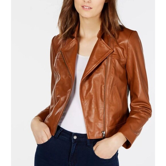 MICHAEL KORS Jacket 100% lambskin Leather Asymmetric Zip Brown luggage NWT - Picture 2 of 16